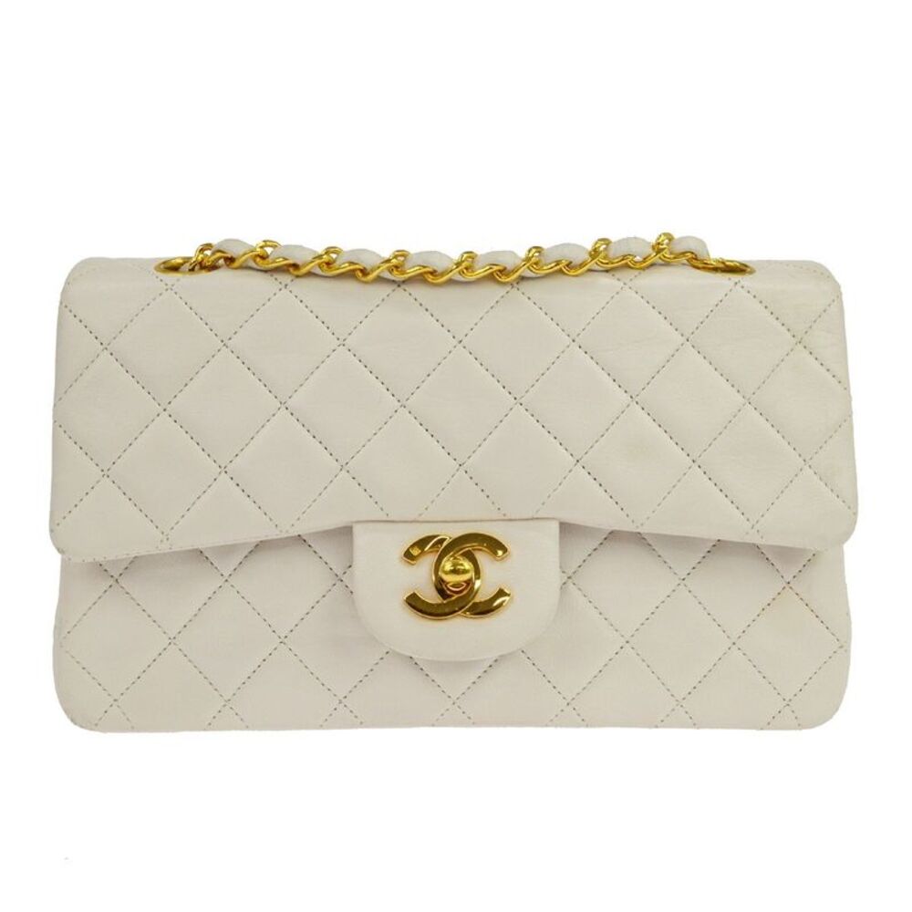 Chanel Vintage Classic Double Flap Quilted Lambskin White Leather Handbag